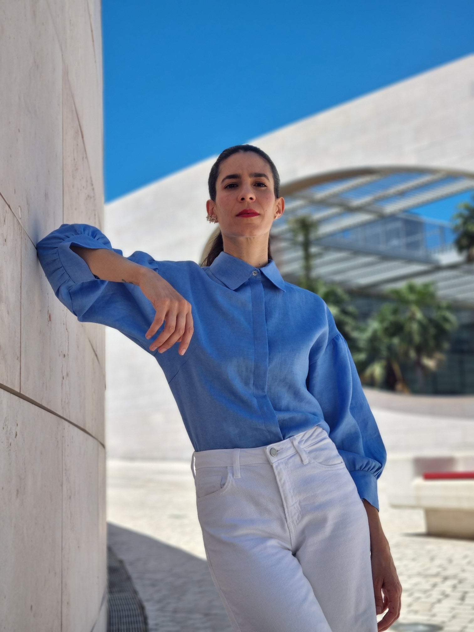 blue linen shirt