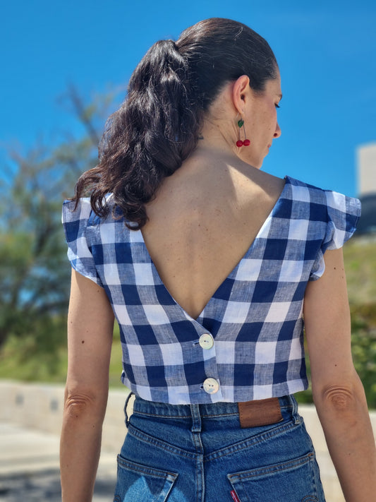 crop linen top in white blue gingham