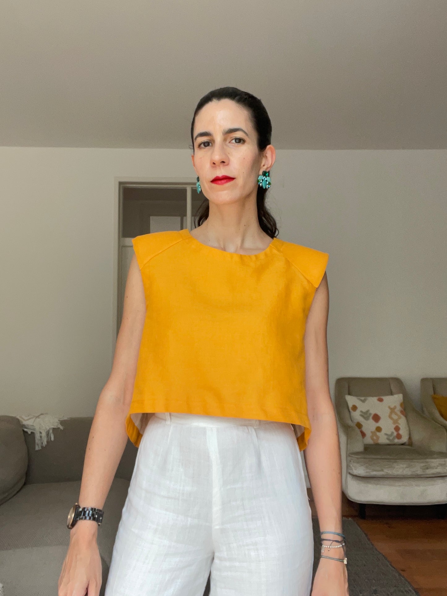 the Vienna top in Tangerine linen