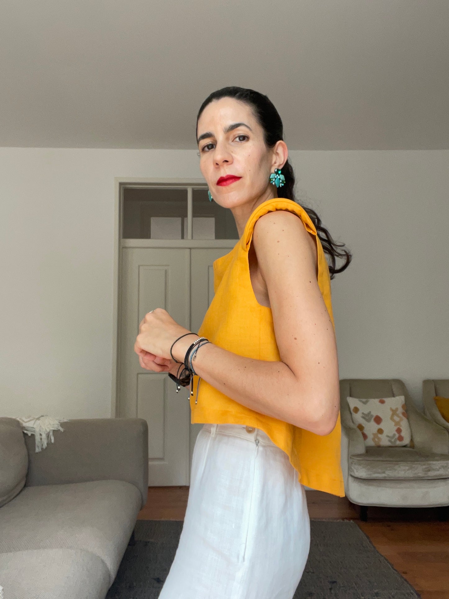 the Vienna top in Tangerine linen