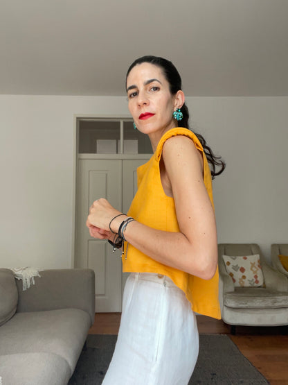 the Vienna top in Tangerine linen