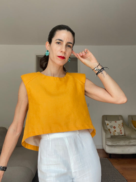 the Vienna top in Tangerine linen